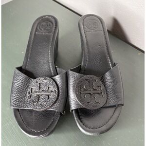 Tory Burch Women's Sz 8.5 Patti Sandals Black Leather 3" Wedge Slide Dress Shoe